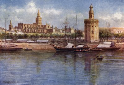 Séville, La Torre del Oro et la Cathédrale (lithographie en couleur) - A. Trevor Haddon