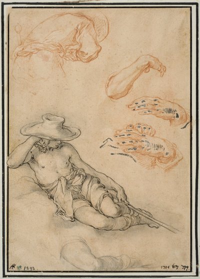 Un berger au repos, études séparées de sa jambe et de son bras, un homme vu de dos et deux mains - Abraham Bloemaert