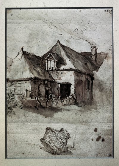 Cabane avec panier en osier, fin du 16e-début du 17e siècle (gravure) - Abraham Bloemaert