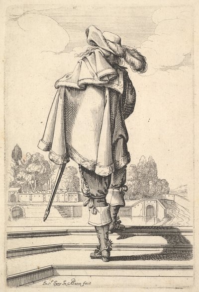 Un gentleman, vu de dos, marchant sur un parapet, avec un manteau sur l