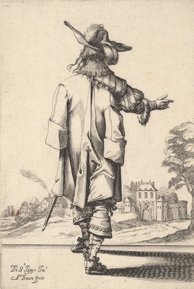 Un gentleman, vu de dos, avec son bras droit tendu et un manteau sur son épaule gauche, 1629 - Abraham Bosse