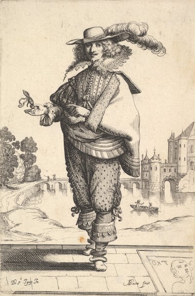 Un gentleman devant un grand château portant un chapeau à plumes et un col en dentelle, 1629 - Abraham Bosse