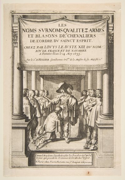 Frontispice de Les noms surnoms qualitez armes et blasons des chevaliers de Pierre d