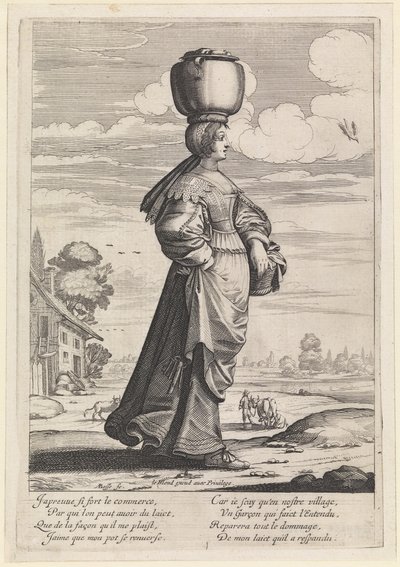 Femme marchant vers la droite dans un paysage, portant un pot sur la tête - Abraham Bosse