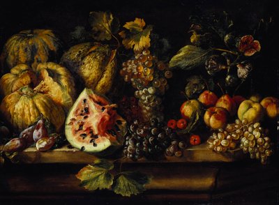Nature morte de pastèque, raisins, prunes, pêches, cerises et autres fruits sur un rebord - Abraham Brueghel