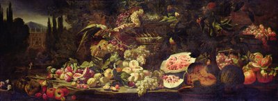 Nature morte de fruits avec un perroquet vert et un vase en argent - Abraham Brueghel