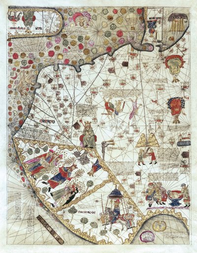 Carte de la Chine (Cathay), avec des descriptions de petites scènes, délimitation des royaumes avec leur souverain représenté à chaque fois - Abraham and Cresques Jehuda Cresques