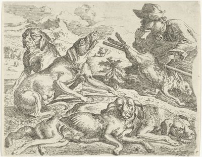 Quatre chiens, un chasseur et un lièvre - Abraham Danielsz. Hondius