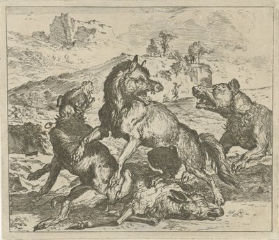 Loup attaqué par des chiens (Verschillende dieren) - Abraham Danielsz. Hondius
