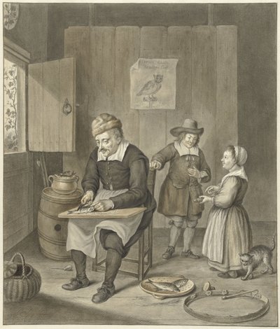 Intérieur avec un homme nettoyant des poissons et deux enfants - Abraham Delfos