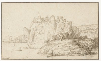 Château sur un rocher dans un paysage fluvial - Abraham Furnerius