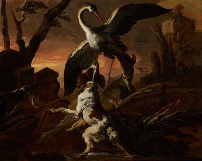 Trois chiens attaquant une grue dans un paysage - Abraham Hondius