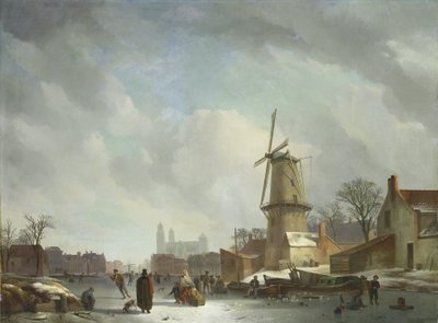 Divertissement sur un canal gelé dans une ville - Abraham Johannes Couwenberg