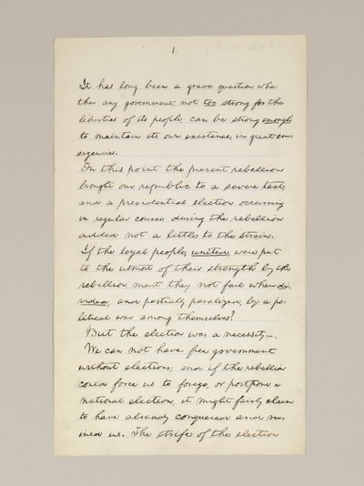 Manuscrit autographe du discours de victoire électorale de Lincoln en tant que président, prononcé à Washington D.C., depuis la fenêtre de la Maison Blanche le soir du 10 novembre - Abraham Lincoln