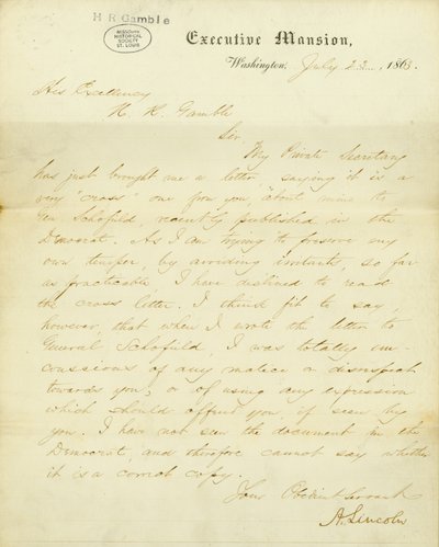 Lettre signée A. Lincoln, Executive Mansion, Washington, à Son Excellence, H.R. Gamble, 23 juillet 1863 - Abraham Lincoln