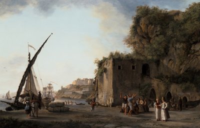 Paire : Vue du port avec des marchands et des marins jouant de la musique - Abraham Louis Rudolph Ducros