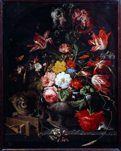 Chat renversant un vase de fleurs - Abraham Mignon