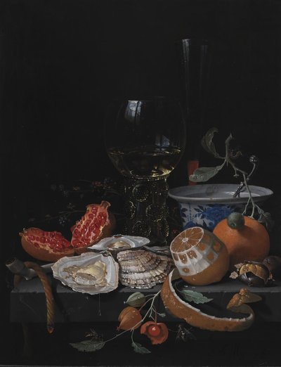 Huîtres, fruits et un verre de vin sur une table en pierre - Abraham Mignon