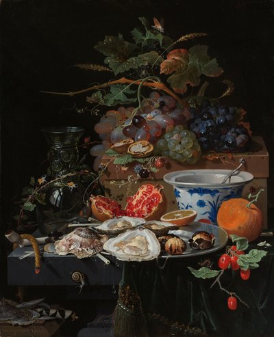 Nature morte avec fruits, huîtres et bol en porcelaine - Abraham Mignon