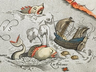 (Détail). Monstres marins attaquant un navire. - Abraham Ortelius