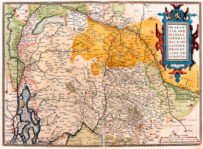 Brabantiae Germaniae Inferioris Nobilissimmae Provinciae Descriptio Carte géographique du territoire sud des Pays-Bas germaniques (Kempeland) tirée de « Theatrum Orbis Terrarum » par Abraham Ortelius (Oertel, Ortell ou Ortel) - Abraham Ortelius