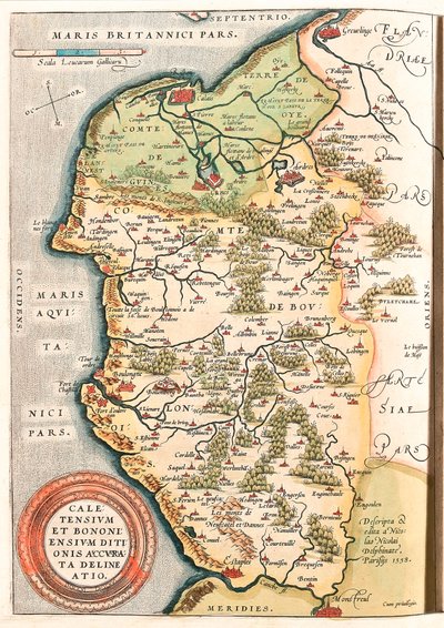 Caletensium et Bononiensium Ditionis Accurata Delineatio Carte géographique du territoire du Boulonnais, Artois et Flandre française (France) incluant les lieux de Calais, Arches, Greuelinge, Étaples et Montreuil... tirée du « Theatrum Orbis Terrarum » - Abraham Ortelius