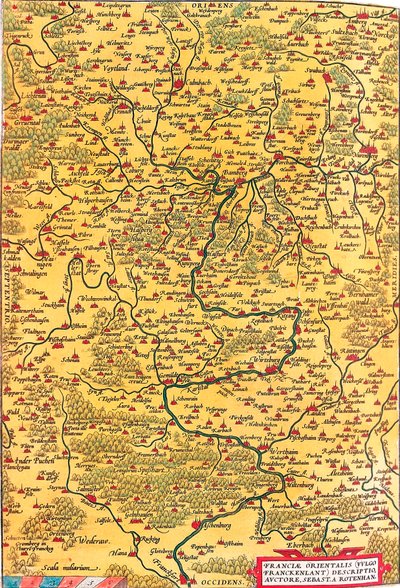 Franciae Orientalis (Vulgo/Franckenlant) Descriptio, Auctore, Sebast. A. Rotenhan Carte géographique du territoire de Franconie en Allemagne avec la ville de Francfort (également la ville de Karlstadt..) tirée de « Theatrum Orbis Terrarum » par Abraham Ort - Abraham Ortelius