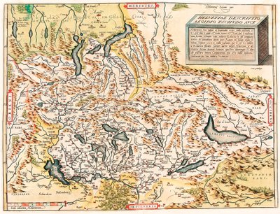 Helvetiae Descriptio Aegidio Tschudo Auct. Carte géographique des Alpes suisses et françaises incluant les lacs tirée de « Theatrum Orbis Terrarum » d