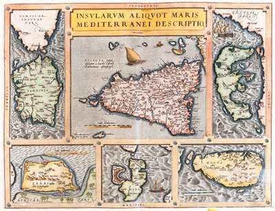 Sardaigne, Sicile, Corfou, Djerba, Elbe, Malte, Italie, Grèce, Tunisie, Malte - Abraham Ortelius