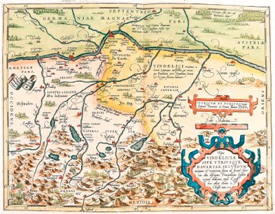 Typus Vindeliciae Ssive Utriusque Bavariae: Secundum antiquam & recentiorum situm, ab Joanne Aventino olim descriptus... Carte géographique du territoire de Bavière en Allemagne tirée de « Theatrum Orbis Terrarum » par Abraham Ortelius - Abraham Ortelius