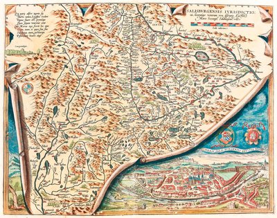 Urbis Salisburgensis genuina descriptio. Carte géographique du territoire de Salzbourg en Autriche du "Theatrum Orbis Terrarum" par Abraham Ortelius (Oertel, Ortell ou Ortel) - Abraham Ortelius
