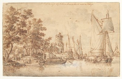Paysage rhénan avec château et navires - Abraham Storck
