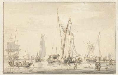Vue de plage avec navires amarrés - Abraham Storck