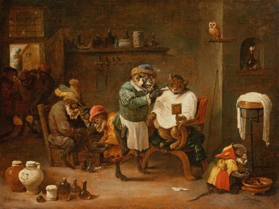 Un chat dans une boutique de barbier tenue par des singes - Abraham Teniers