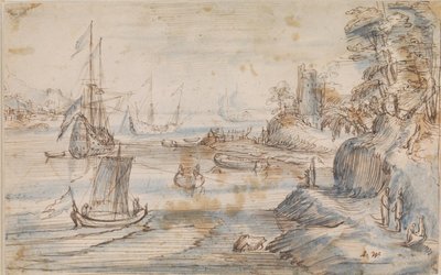 Paysage côtier avec plusieurs navires, une haute côte avec plusieurs figures - Abraham Willaerts