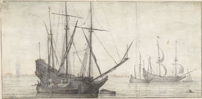 Voiliers sur des eaux calmes près de la côte - Abraham de Verwer (possibly)
