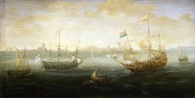 Un bateau néerlandais et un bateau britannique, arborant le drapeau Stuart, naviguant au large d