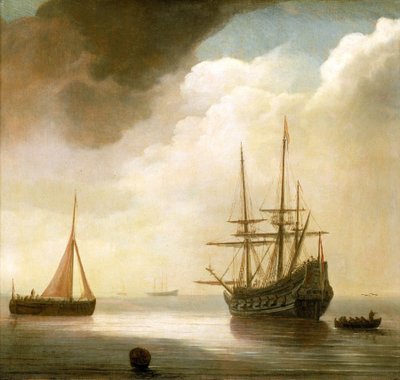 Navire hollandais sur une mer calme. À sa gauche, un bateau de pêche en activité, à sa droite, un bateau ancré - Abraham de Verwer