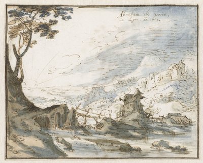 Paysage montagneux avec un pont en bois - Abraham de Vries