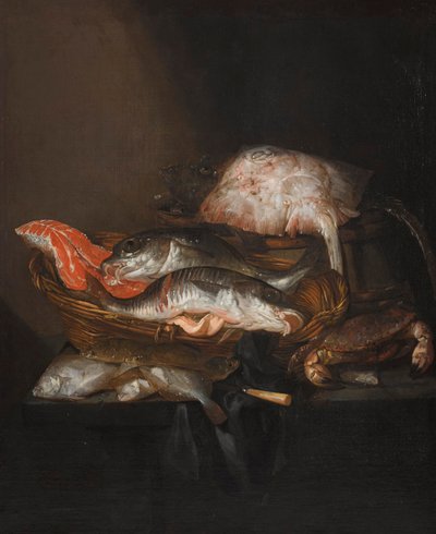 Néerlandais : Visstilleven Nature morte avec une raie sur un tonneau, un steak de saumon, un sandre et un lieu noir dans un panier, avec des plies, un couteau et un crabe sur une table drapée - Abraham van Beijeren