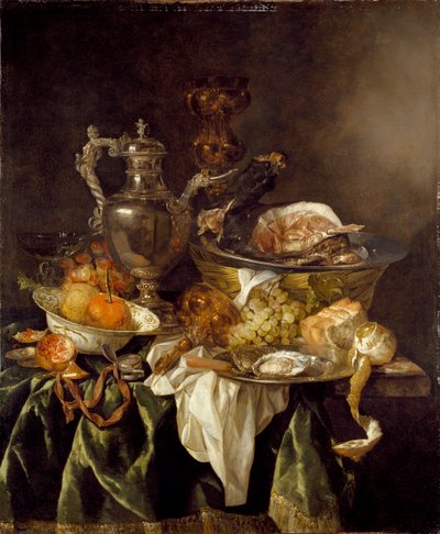 Nature morte avec un pot à vin en argent et un portrait reflété de l