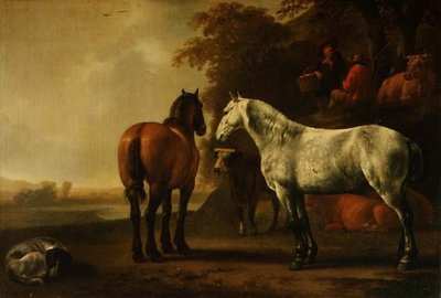 Chevaux et bétail dans un paysage - Abraham van Calraet