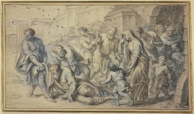 Vieil homme relevé du sol par des habitants devant les murs d
