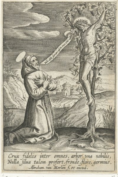 Saint agenouillé devant le Christ en croix - Abraham van Merlen