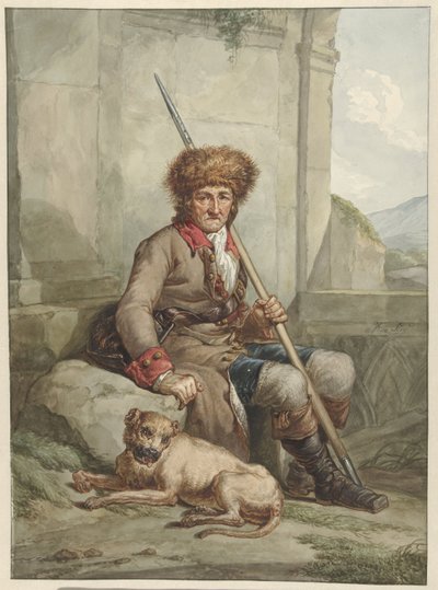 Chasseur assis avec bonnet de fourrure, lance et gibecière - Abraham van Strij (I)