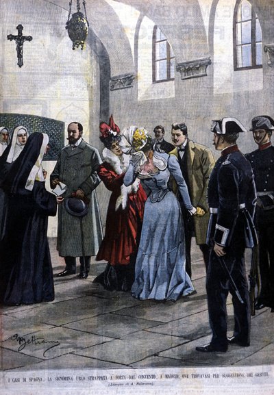 À Madrid, une jeune femme, Mademoiselle Ubao, est arrachée à la vie de religieuse dans un couvent où elle se trouvait par suggestion des Jésuites. Illustration de Beltrame. La Domenica del corriere. 1901 - Achille Beltrame