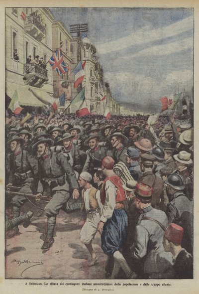 À Salonique, le défilé des contingents italiens admirés par la population et les troupes alliées - Achille Beltrame