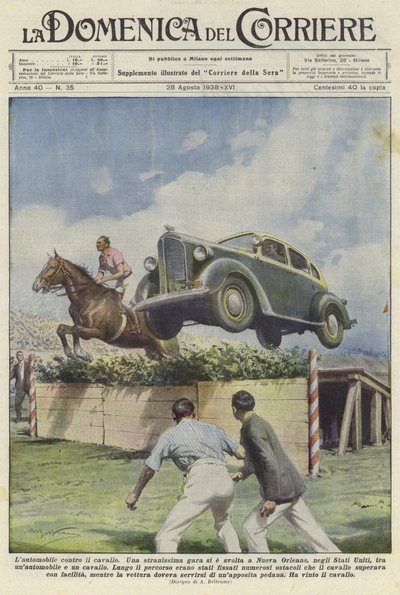 Une voiture et un cheval sautent une haie à un hippodrome de la Nouvelle-Orléans - Achille Beltrame