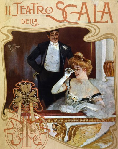 Un couple dans une loge au Teatro alla Scala. La jeune femme observe la scène avec une paire de jumelles. Illustration d