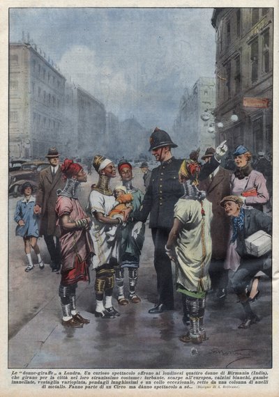 Un groupe de femmes-girafes de Birmanie demandent leur chemin à un policier anglais à Londres, elles sont vêtues de turban, tunique, anneaux autour du cou et des jambes. Illustration d